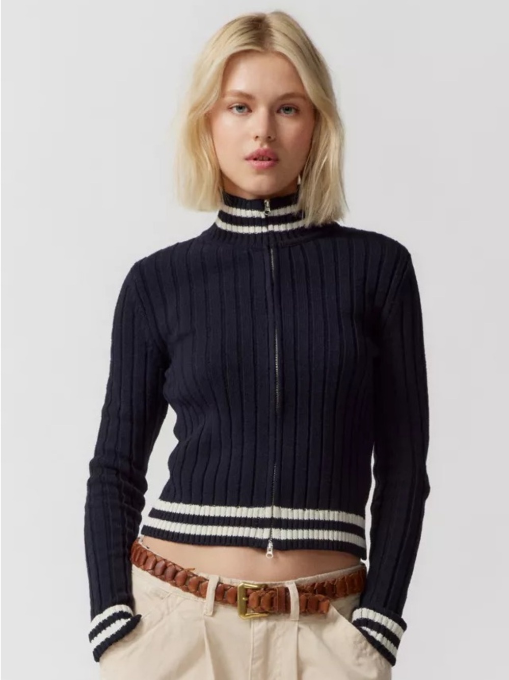 Urban Outfitters Navy Ribbed Zip-Up Sweater with White Stripe Trim